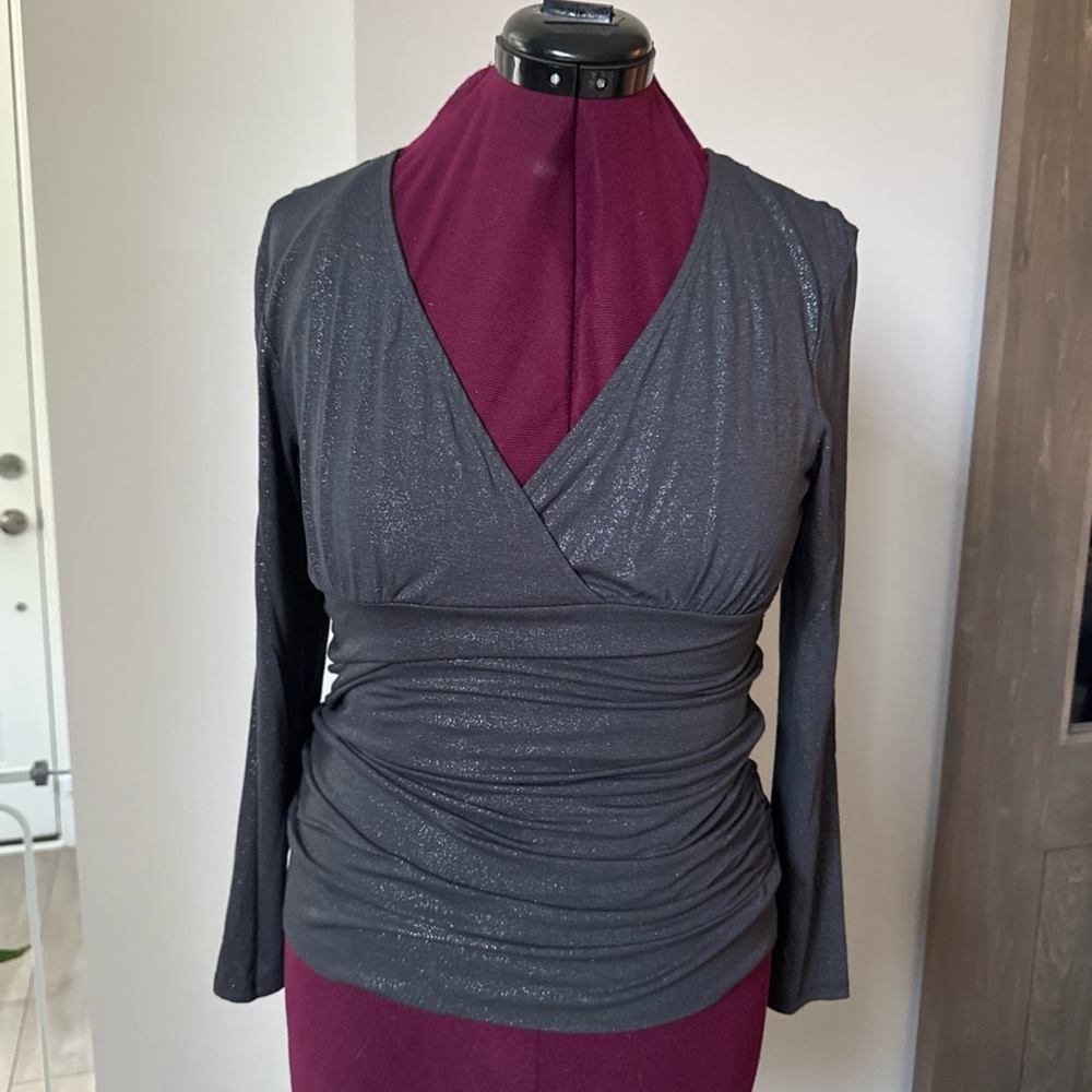 INC Gray Metallic shimmer Long Sleeve Top Y2K‎ 90s Rouched Bodycon